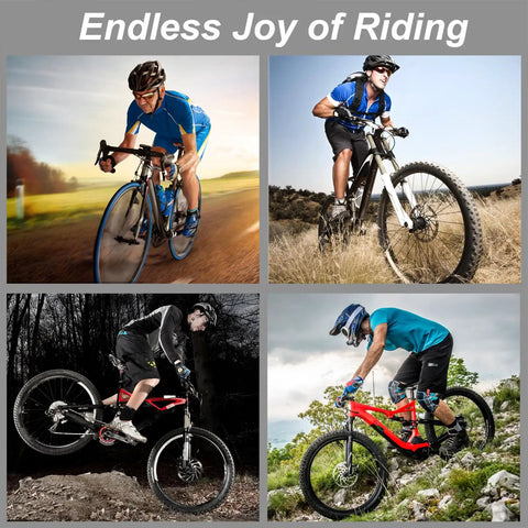 Cyclists using hydraulic disc brakes riding on road and mountain bikes, showcasing weather versatility and reliable braking