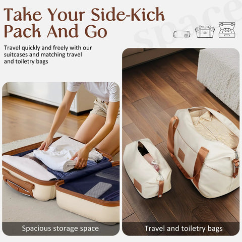 COOLIFE white softside luggage set, 3-piece: 20-inch carry-on, duffel bag, and toiletry pouch; open suitcase shows blue interior.
