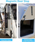 Magnetic Door Catch For RV Camper Caravan Motorhome And Boat, Heavy Duty Door Holder in use on vehicle, white finish.