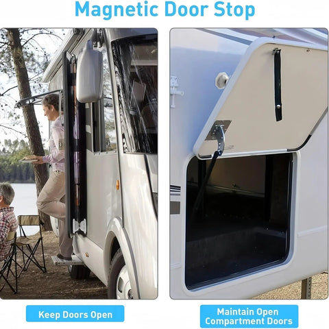 Magnetic Door Catch For RV Camper Caravan Motorhome And Boat, Heavy Duty Door Holder in use on vehicle, white finish.