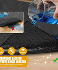 Extra Large Garage Floor Mat Heavy Duty Oil Absorbent Parking Mat With Waterproof Non Slip Backing Washable Reusable Floor Protector For Garage Driveway Workshop And SUV Velcro Strips Included showing waterproof backing preventing liquid leakage.