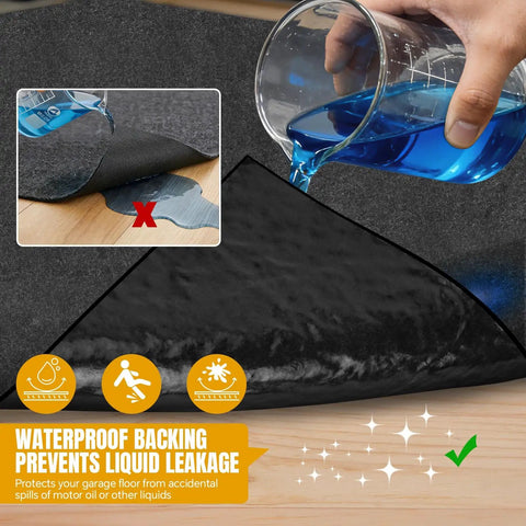 Extra Large Garage Floor Mat Heavy Duty Oil Absorbent Parking Mat With Waterproof Non Slip Backing Washable Reusable Floor Protector For Garage Driveway Workshop And SUV Velcro Strips Included showing waterproof backing preventing liquid leakage.