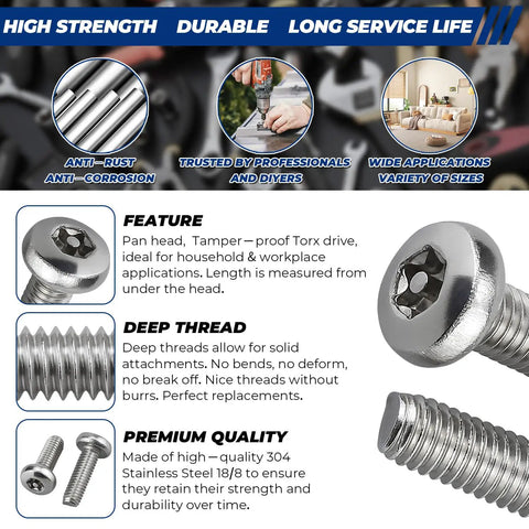 M6 Thread X 12mm Security Torx Pan Head Machine Screws With Bit 304 Stainless Steel 18 8 Tamper Proof Bolts showing features and deep threads.