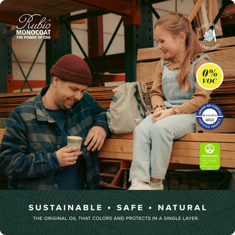 A man and child sitting near wood planks in a store, highlighting wood protection with One Layer Wood Stain And Finish In Slate Grey.