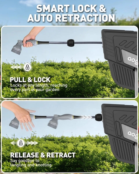 Wall Mount Retractable Garden Hose Reel With One Half Inch By One Hundred Foot Hose, Slow Auto Rewind in use outdoors
