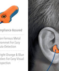100-Pair 32 NRR Laser Trak Corded Single-Use Earplugs Orange And Blue inserted in ear for industrial safety compliance