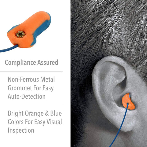 100-Pair 32 NRR Laser Trak Corded Single-Use Earplugs Orange And Blue inserted in ear for industrial safety compliance