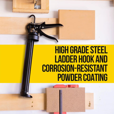 Heavy Duty Caulk Gun 29 Oz No Drip Design With 18 To 1 Thrust, Steel Frame, on Display with Ladder Hook