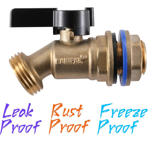 Brass Rain Barrel Spigot With Garden Hose Hookup, Solid Quarter Turn Ball Valve, Lead Free Compliant, Leak Proof, Rust Proof, Freeze Proof, Aluminum Handle, For Open Top Barrels And Rainwater Containers, side view