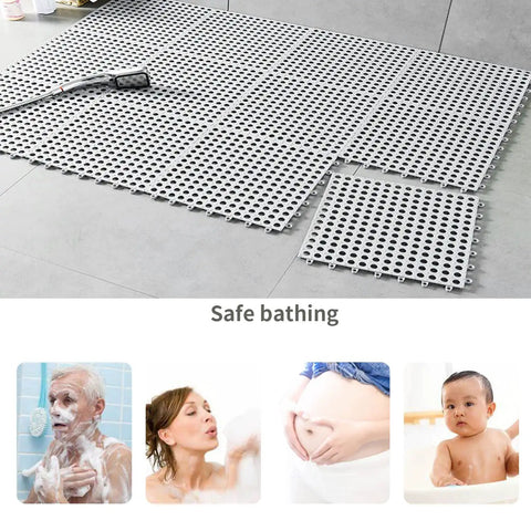 24 Pack Drainage Floor Mats With Interlocking Cushions, Non Slip PVC Mats for wet areas, displayed on bathroom floor