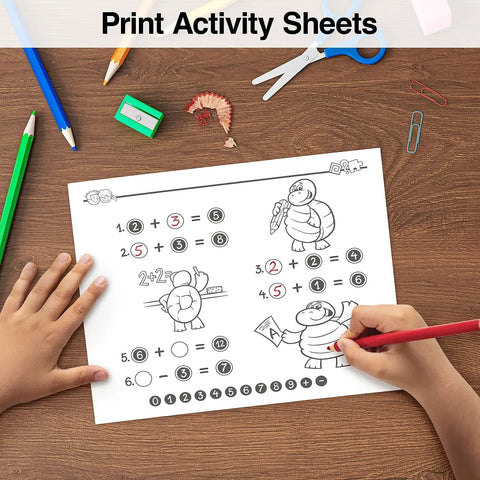 Child using a red pencil to complete a math activity sheet with cartoon turtles on a wooden table.