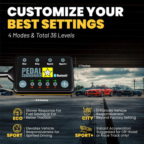 Ford Mustang Mach E 2021 Through 2026 Throttle Response Controller With Wireless App Sync And Four Drive Modes showing customization settings and modes.