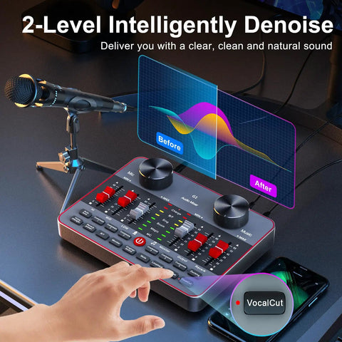 Podcast Setup Bundle For Two Mics TikTok Live Streaming Content Creator Kit with audio interface mixer and denoise feature.