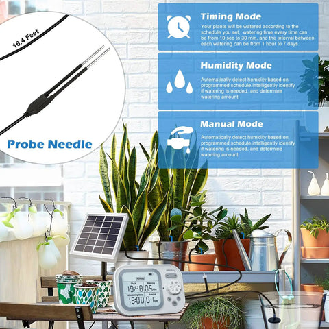 Smart Auto Drip Irrigation System For 15 Potted Plants, Self Watering Waterer, USB and Solar Charging in garden setup