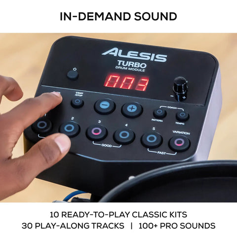 Control panel of Turbo Mesh Kit Electric Drum Set With 100 Plus Sounds showing dials and LED display.