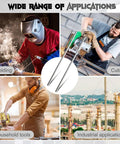 Collage showing applications: welding, cutting, household tools, industrial uses with images of workers and equipment.
