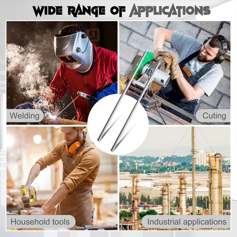 Collage showing applications: welding, cutting, household tools, industrial uses with images of workers and equipment.