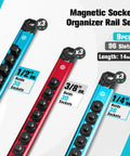 Magnetic Socket Organizer Set For 1/4 3/8 And 1/2 Inch Sockets Aluminum Alloy Socket Rail With 96 Clips Grab And Go For Tool Box Drawer Tool Cart And Garage Organization 9 Piece