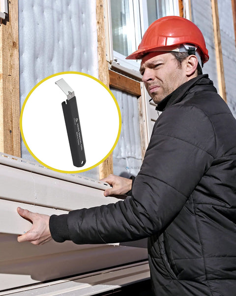 Man using Vinyl Siding Removal Tool 7 Inch Heavy Duty Steel Hand Tool For House Siding Installation And Repair Durable Steel Construction Built To Last Pro Grade For Quick And Easy Siding Replacement And Repairs On Homes And Outbuildings