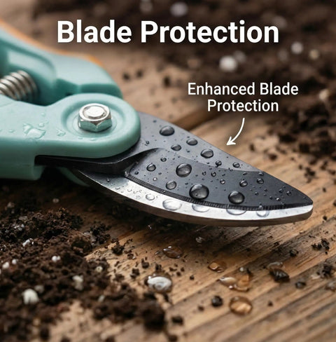 Close-up of 8-inch bypass pruner blade from 2 Pack Garden Pruning Shears And Precision Scissors Set, in soil with water droplets