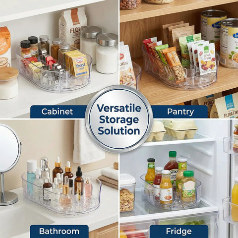 Lazy Susan Fridge Organizer 360 Degree Turntable Clear Refrigerator Storage showcasing versatility in pantry, cabinet, bathroom settings.