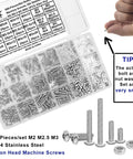900 Piece Button Head Hex Socket Cap Screw Assortment With M2 M2.5 M3 Bolts Nuts And Washers Premium 304 Stainless Steel fully threaded parts in a clear organizer.