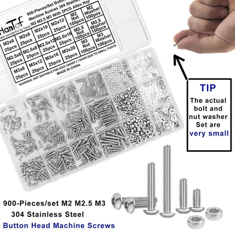900 Piece Button Head Hex Socket Cap Screw Assortment With M2 M2.5 M3 Bolts Nuts And Washers Premium 304 Stainless Steel fully threaded parts in a clear organizer.
