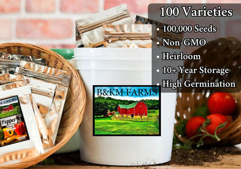 Epic Heirloom Survival Seed Kit With 100,000 Plus Seeds, 50 Plus Non GMO Varieties in a white weatherproof bucket