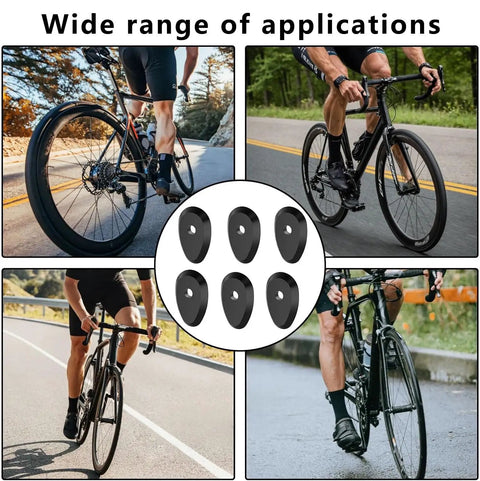 Collage of cyclists on bikes with center image of 6 Pack Pushbutton Spacers For Electronic Shifting On Road And MTB Bikes 10x6mm
