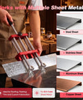 Two Station Sheet Metal Bender Roller Tool For 0 To 100 Degree Bends, 7 Inch Rolling Axis, Portable Roofing Metal Fabrication Tool With Adjustable Depth Gauge, Red Finish For Clean Profiles And Easy Eave Work, shown bending steel sheet