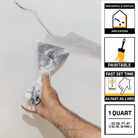 Gray Ready Mix Concrete Patch For Spalls And Cracks In Concrete And Masonry Textured Finish Fast Dry Fix Up That Will Not Shrink Durable 1 Qt Pack Of 1 being used on wall crack with putty knife.