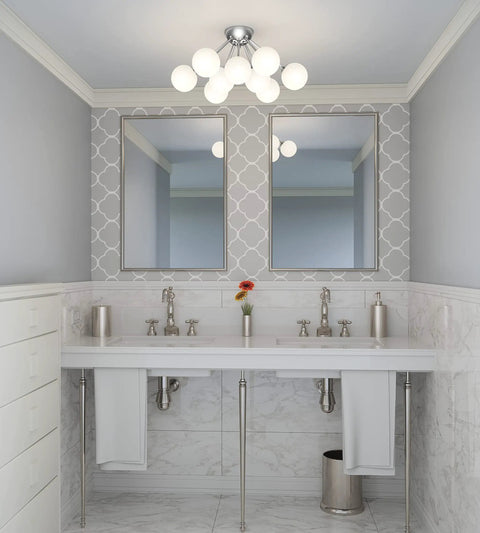 Bathroom with Nine Light Polished Chrome Semi Flush Mount Ceiling Light With Opal Glass Orbs Sleek Modern Mid Century Vibe Damp Location ETL Listed