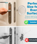 Clear Rubber Door Stoppers Extra Large Self Adhesive Wall Protectors Invisible Drywall Shields For Heavy Door Knobs Stick On Guard Bumpers Keep Those Walls Pristine No Drama Setup Solid Game Changer Heavy Duty 4 Pack installed near a door handle.