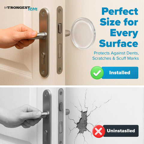 Clear Rubber Door Stoppers Extra Large Self Adhesive Wall Protectors Invisible Drywall Shields For Heavy Door Knobs Stick On Guard Bumpers Keep Those Walls Pristine No Drama Setup Solid Game Changer Heavy Duty 4 Pack installed near a door handle.