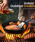 Premium Cast Iron Skillet Set 6, 8, 10 inch preseasoned frying pans on campfire with steak and oil being poured