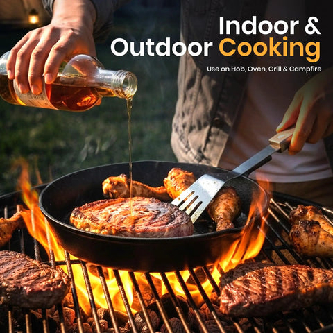 Premium Cast Iron Skillet Set 6, 8, 10 inch preseasoned frying pans on campfire with steak and oil being poured