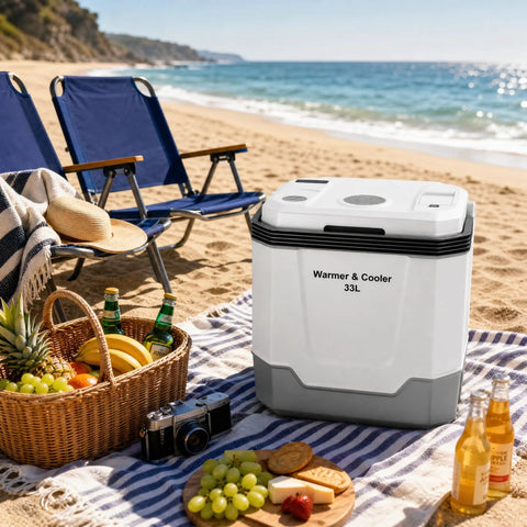 Heavy Duty 35 QT Portable Electric Cooler And Warmer For Cars Trucks And Homes 12V 110V Thermoelectric Fridge Box With Power Cord Gray on beach with picnic setup.