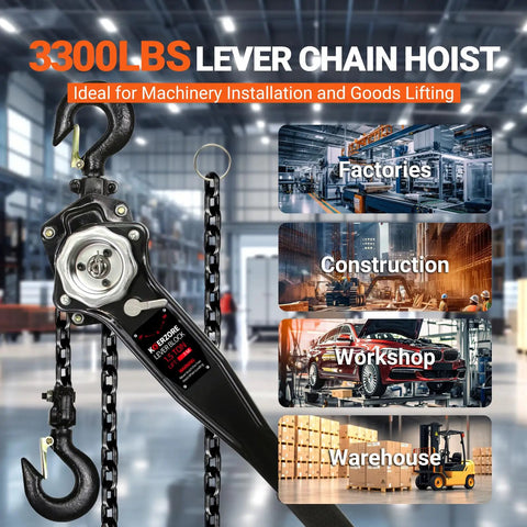 Manual Lever Chain Hoist One And A Half Ton 3300 Pounds Ten Foot Lift G80 Galvanized Carbon Steel in warehouse setting