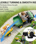 Child driving a power wheels tractor towing a trailer with a universal trailer hitch adapter for kids ride on toys fits three eighths inch hole.