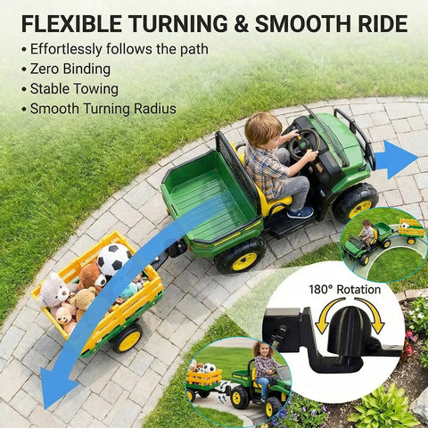 Child driving a power wheels tractor towing a trailer with a universal trailer hitch adapter for kids ride on toys fits three eighths inch hole.