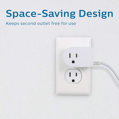 Grounded Plug With Braided Cord, Six Foot Power Cable With On And Off Switch plugged into wall, space-saving design.