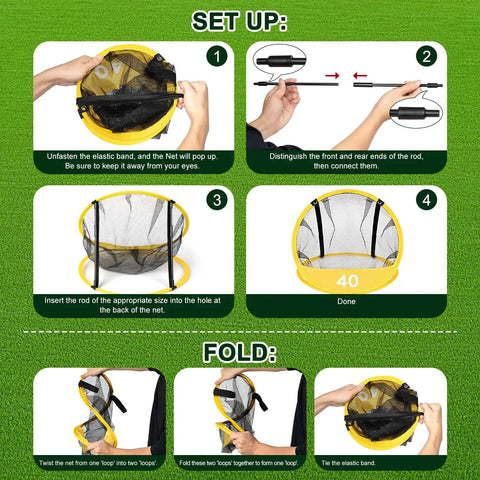 Instructions for setting up and folding the 3-In-1 Golf Chipping Net Set With Pop-Up Practice Nets And Three Target Panels.