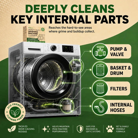 Heavy Duty Washing Machine Cleaner and Descaler Tablets with Deodorizer displayed beside washing machine highlighting internal parts cleaning.