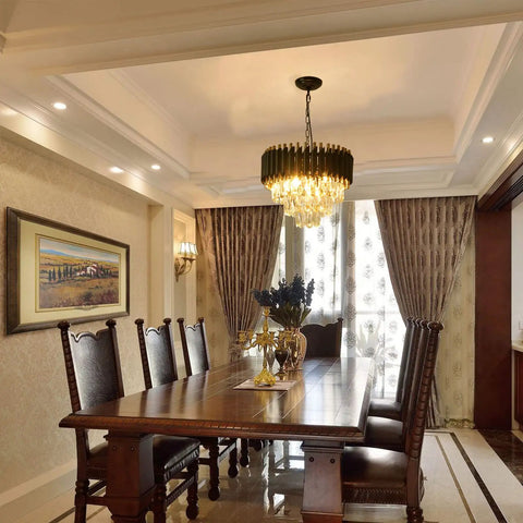 Modern Crystal Chandelier 3 Tier Round Black And Gold Pendant Light With 12 LED Bulbs in elegant dining room setting