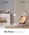 Before and after living room wall with Textured Faux Grasscloth Wallpaper 23 Inch Wide 96 Inch Long For Living Room And Bedroom