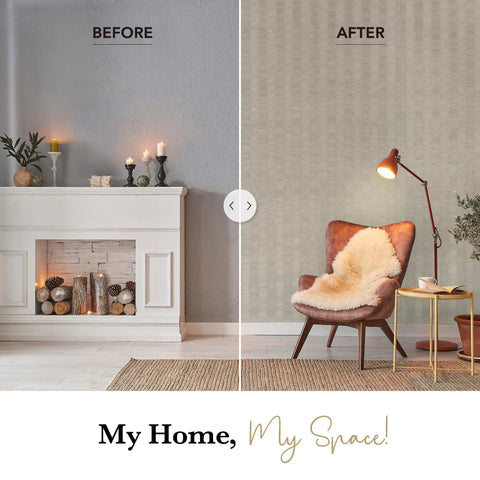 Before and after living room wall with Textured Faux Grasscloth Wallpaper 23 Inch Wide 96 Inch Long For Living Room And Bedroom