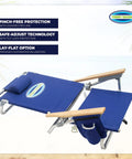Lay Flat Five Position Backpack Beach Chair in navy with easy adjustments and kickback mode on a sandy beach.