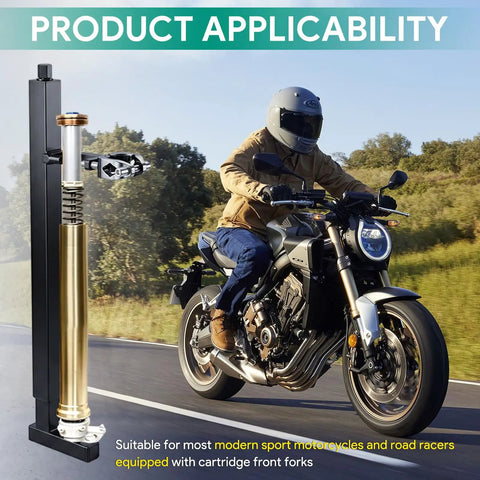 Motorcyclist riding with All In One Motorcycle Fork Spring Compressor Tool Kit With Adjustable Length And Width For Sport Bikes Cruisers And Touring Telescopic Forks Ride Ready Pro Grade Fork Service Gear