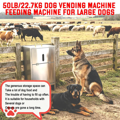 Built Tough Stainless Steel Dog Feeder For Large Breeds 50 Pound Automatic Kibble Dispenser with German Shepherd and Rottweiler.
