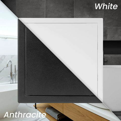 Heavy Duty Galvanized Steel Access Panel For Drywall Ceilings White Wall Cover with one side in anthracite and one side in white.